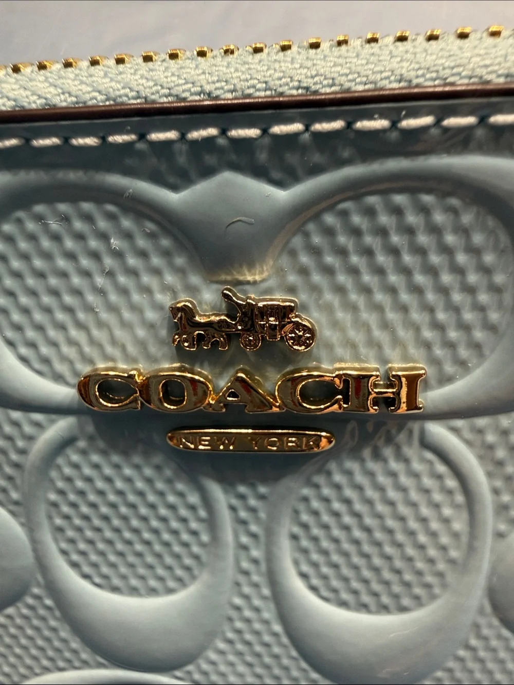 COACH Light Blue Embossed Signature Wristlet with Tan Strap - Picture 3 of 7